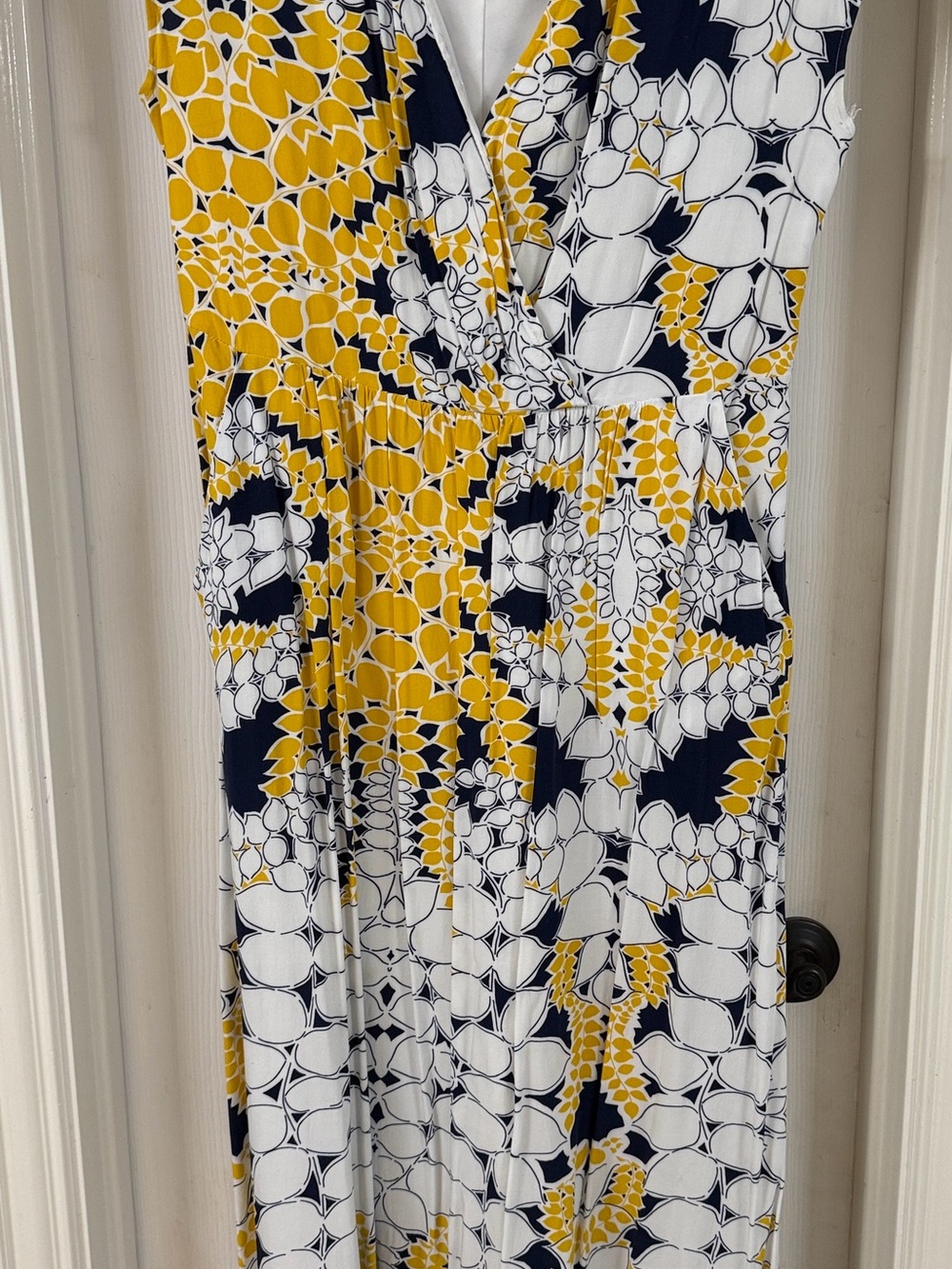Cap sleeve V-Neck Floral Wrap Maxi Dress in Yellow & Navy